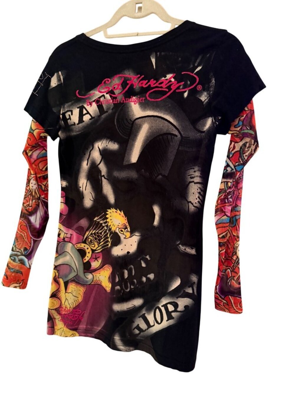 Ed Hardy Womens Long Sleeve Layered T Shirt Size S Black Crystal Embellished Y2K - Picture 2 of 12